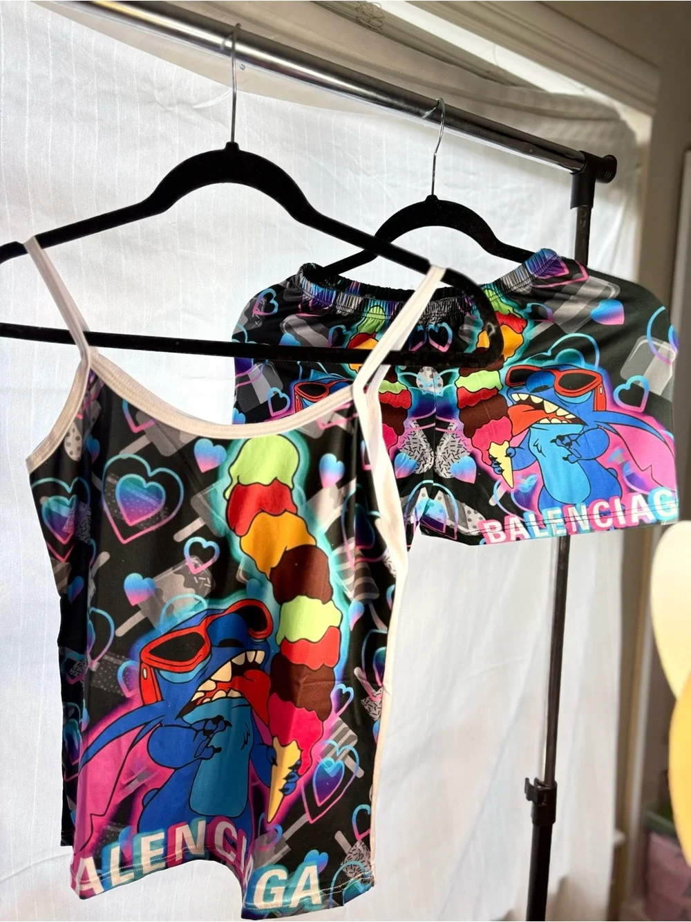 Balenciaga Black Multicolor Cartoon Print Tank & Shorts Set